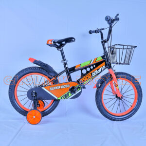SUPER BOSS Bike ,orange in color, with a training wheels and a basket at the front